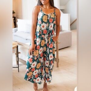 Sleeveless Teal Floral Wide-Leg Jumpsuit